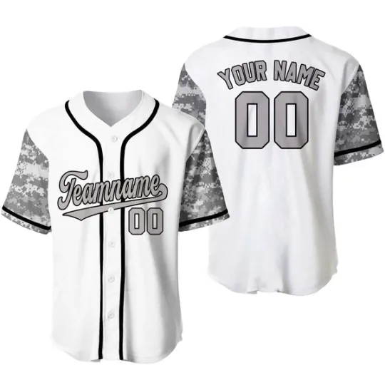 Custom White Gray-Black Camo Raglan Sleeves Baseball Jersey