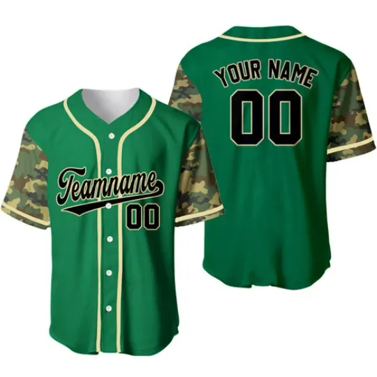 Custom Kelly Green Black-Cream Camo Raglan Sleeves Baseball Jersey
