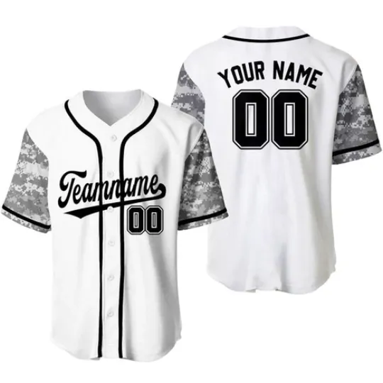 Custom White Black-Gray Camo Raglan Sleeves Baseball Jersey