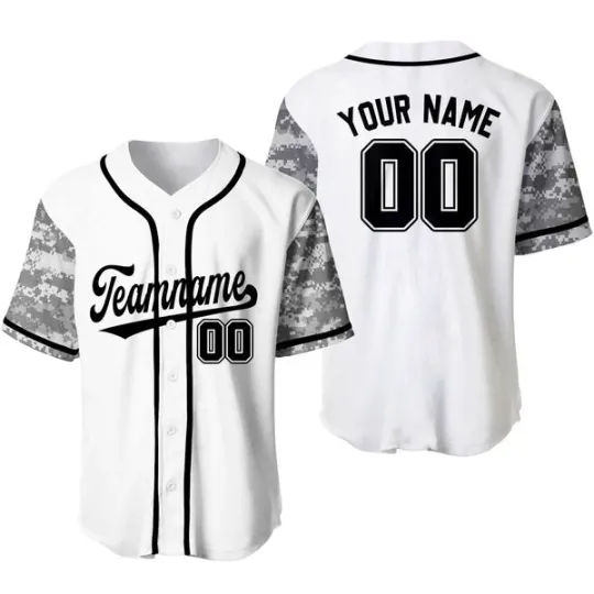 Custom White Black-Gray Camo Raglan Sleeves Baseball Jersey