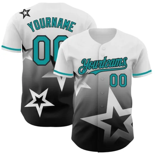 CUSTOM TEAL-BLACK 3D PATTERN DESIGN GRADIENT STYLE TWINKLE STAR BASEBALL JERSEY