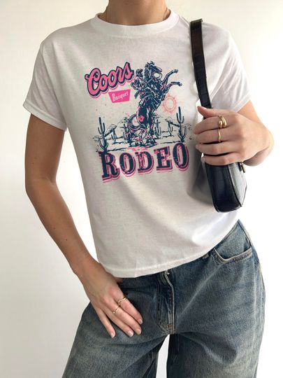 Beer Rodeo Baby Tee, CCOORS Cowboy Womens Tee, Western 90s Beer Pink Crop, Distressed cowboy Beer