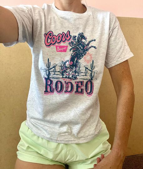 Beer Rodeo Baby Tee, CCOORS Cowboy Womens Tee, Western 90s Beer Pink Crop, Distressed cowboy Beer
