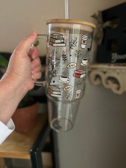 40oz Glass Tumbler, 40oz Glass with handle, Books and Coffee glass, Coffee Glass, Viral Coffee Glass