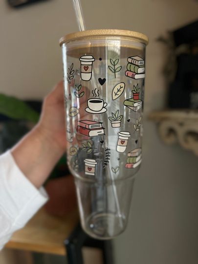 40oz Glass Tumbler, 40oz Glass with handle, Books and Coffee glass, Coffee Glass, Viral Coffee Glass