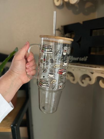 40oz Glass Tumbler, 40oz Glass with handle, Books and Coffee glass, Coffee Glass, Viral Coffee Glass