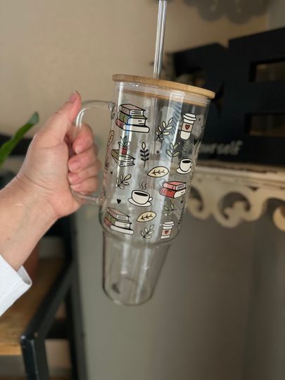 40oz Glass Tumbler, 40oz Glass with handle, Books and Coffee glass, Coffee Glass, Viral Coffee Glass