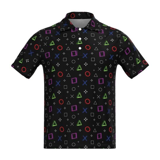 Gamer Play Video Game Station Gaming Controller eSports Black White Blue Red, Men Women Short Sleeve Collar Collared Polo Tee