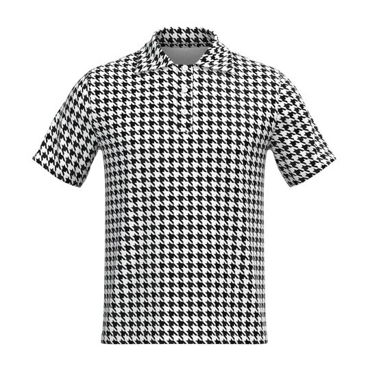 Black White Geometric Pattern Check Checker Box Houndstooth Triangle Hexagon Horizontal Diagonal Stripes Herringbone Collar Polo Tee