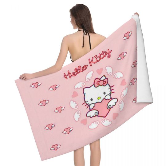 Hello Kitty Pattern Beach Towel, Quick Dry, Sanrio Soft Linen Microfiber, Bathroom Sauna Towels