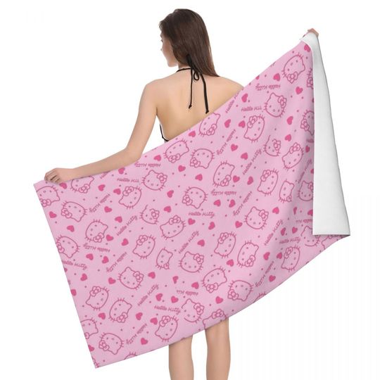 Hello Kitty Pattern Beach Towel, Quick Dry, Sanrio Soft Linen Microfiber, Bathroom Sauna Towels