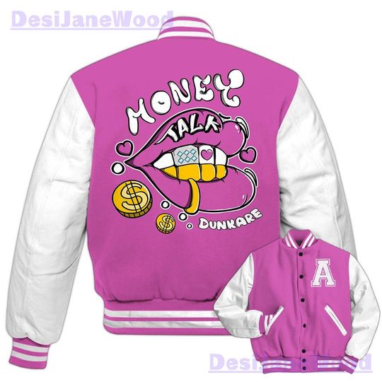Dunkare Hyper Violet 4s Varsity Jacket, Custom Lips Money Talk Varsity Jacket Outfit