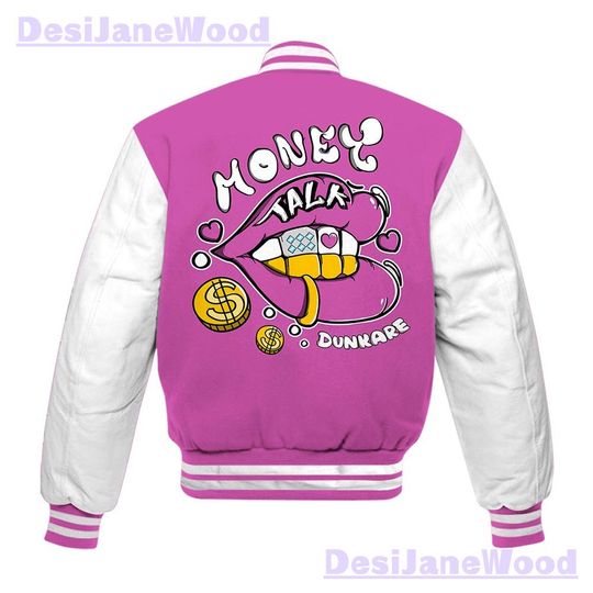 Dunkare Hyper Violet 4s Varsity Jacket, Custom Lips Money Talk Varsity Jacket Outfit