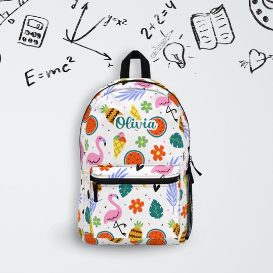 Personalized Flamingo Backpack / Tropical Fruit Book Bag Custom Name / Personalized Kids Backpack and Lunch Box / Colorful Book Bag For Kids