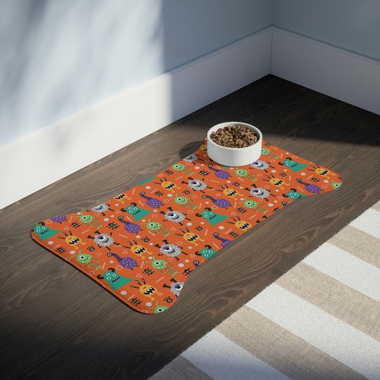 Monsters on Orange Print Pet Bowls Mats