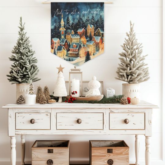 CHRISTMAS WALL HANGING 'And To All A Good Night' Pennant Flag - Ready to Hang, Christmas Wall Art, Christmas Winter Village, Holiday Home