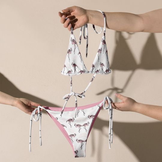 Pink Flamingos Recycled White String Bikini / Festival Wear
