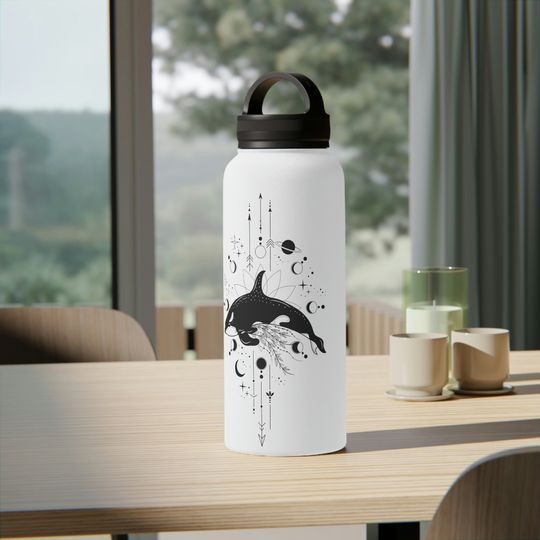 Mystical Orca Whale Stainless Steel Water Bottle, Handle Lid