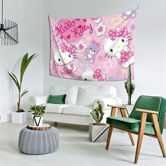 Hello Kitty Cartoon Cat Tapestry, Pink Cat Wall Hanging, Wall Decoration for Boys and Girls Teenagers