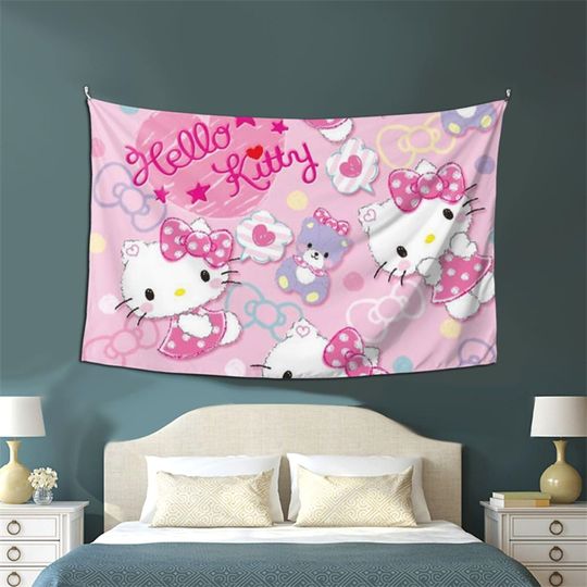 Hello Kitty Cartoon Cat Tapestry, Pink Cat Wall Hanging, Wall Decoration for Boys and Girls Teenagers