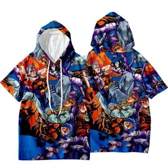 JoJo's Bizarre Adventure Jotaro Kujo Short Sleeve Hoodie Shirt Thin Material
