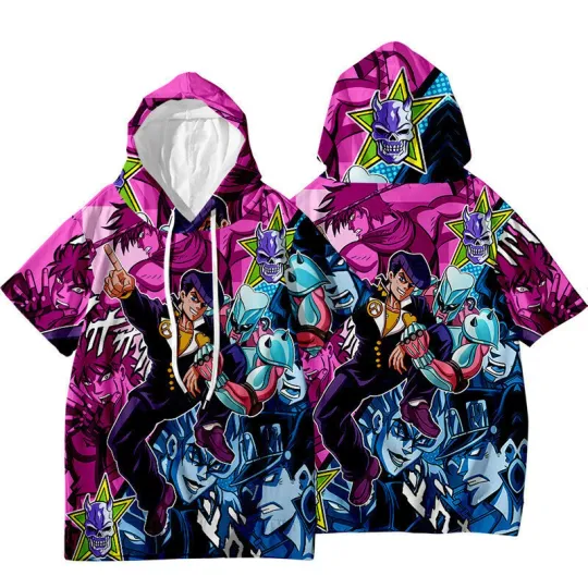 JoJo's Bizarre Adventure Jotaro Kujo Short Sleeve Hoodie Shirt Thin Material