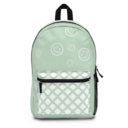 Durable Green Smiley Face Backpack, Cute Backpack, Back to School Bag for Girls, Backpack for Middle school girls