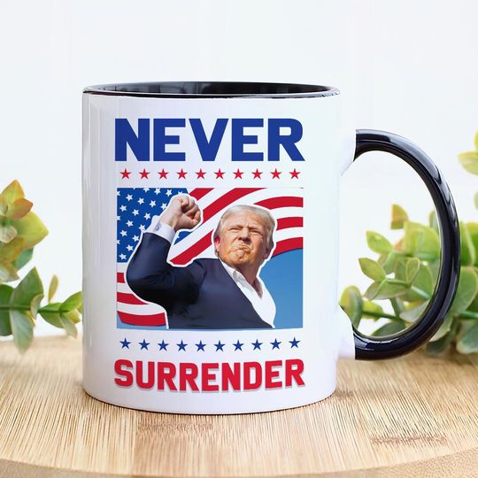 Trump Never Surrender Coffee Mug - Patriotic American Flag Design, Republican Gifts, MAGA Election Mug, Support Trump Vance 2024 Mug