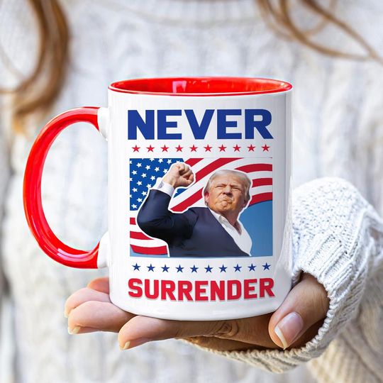 Trump Never Surrender Coffee Mug - Patriotic American Flag Design, Republican Gifts, MAGA Election Mug, Support Trump Vance 2024 Mug