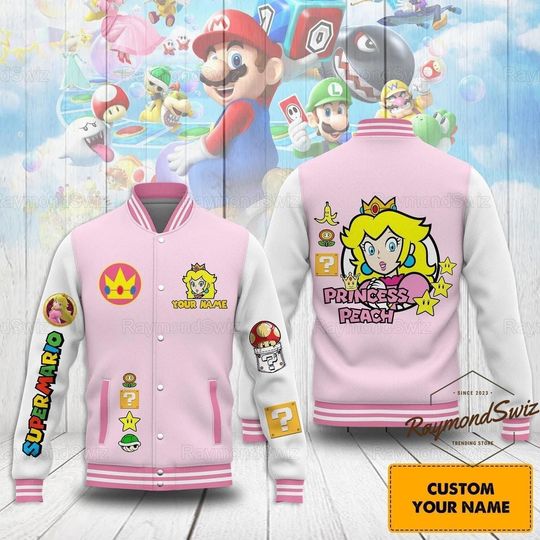 Princess Peach Baseball Jacket, Super Mario Baseball Jacket, Custom Princess Peach Jacket, Super Mario Gaming Jacket, Princess Jacket