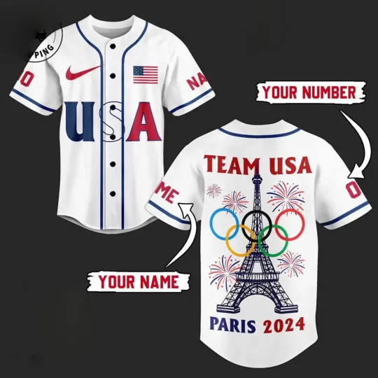 Personalized 2024 Paris Olympic Shirt, USA Eiffel Tower Baseball Jersey Shirt