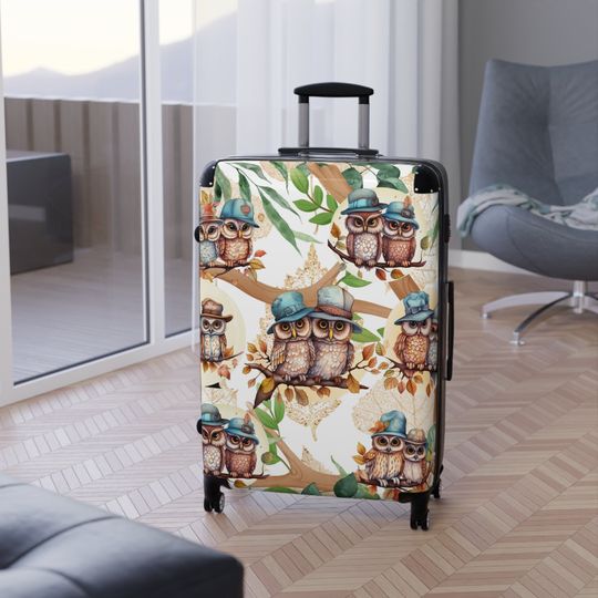 Cute Owl Suitcase on wheels, hard shell travel luggage secure and lockable for holidays, weekend, carry on suitcase
