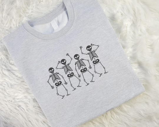Embroidered Halloween Skeleton Sweatshirt, Dancing Skeleton Crewneck Pullover Sweater