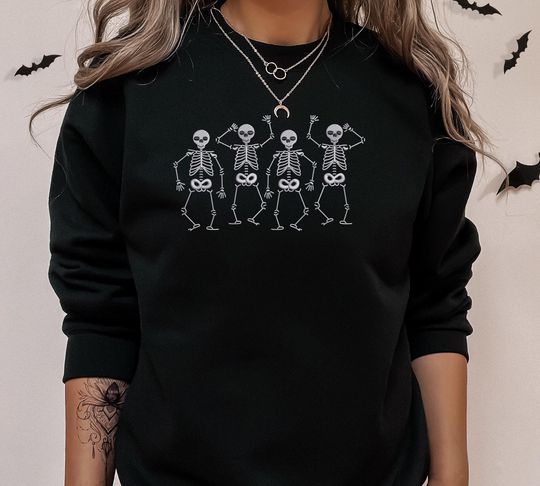 Embroidered Halloween Skeleton Sweatshirt, Dancing Skeleton Crewneck Pullover Sweater