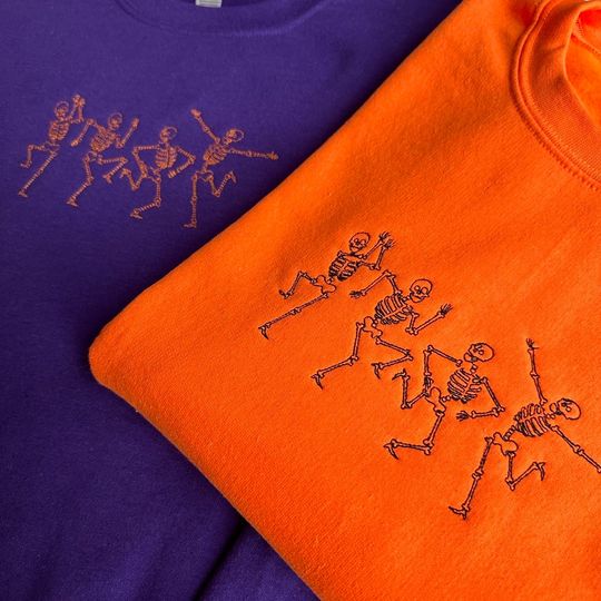 Custom Embroidered Dancing Skeleton Crewneck, Halloween Skeleton Sweatshirt