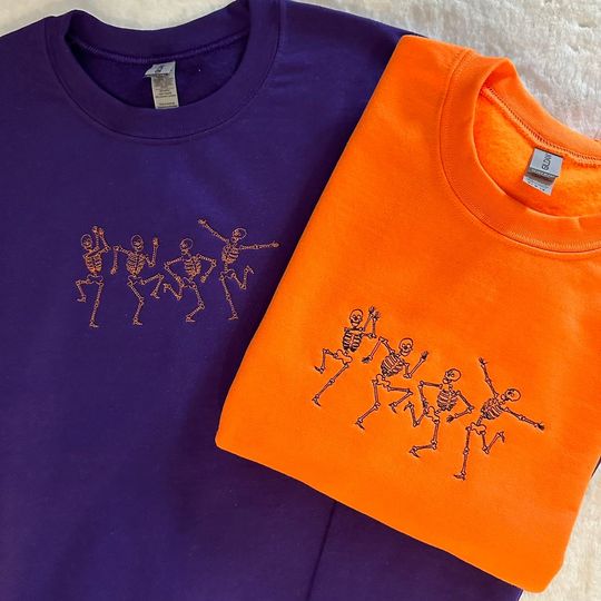 Custom Embroidered Dancing Skeleton Crewneck, Halloween Skeleton Sweatshirt