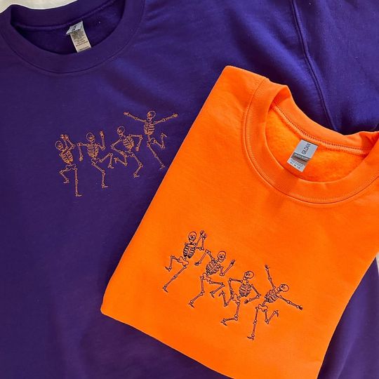 Custom Embroidered Dancing Skeleton Crewneck, Halloween Skeleton Sweatshirt
