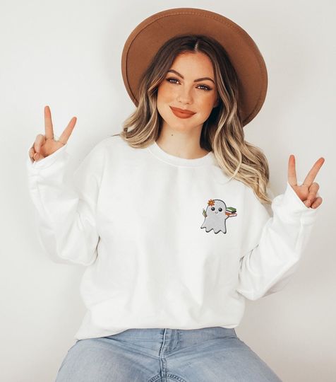 EMBROIDERED TEACHER GHOST Halloween Sweatshirt,  embroidered crewneck