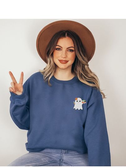 EMBROIDERED TEACHER GHOST Halloween Sweatshirt,  embroidered crewneck