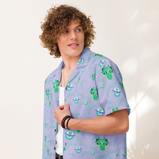 Skull and Alien Trippy Button Up Lavender