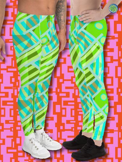 Mens Leggings Patterned Green 80s Memphis Harajuku | Festival Meggings