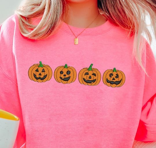 Halloween Sweatshirt Embroidered Pumpkins, Fall Sweatshirt, Pumpkin Face Sweatshirt
