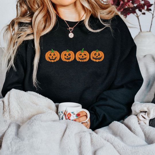 Halloween Sweatshirt Embroidered Pumpkins, Fall Sweatshirt, Pumpkin Face Sweatshirt