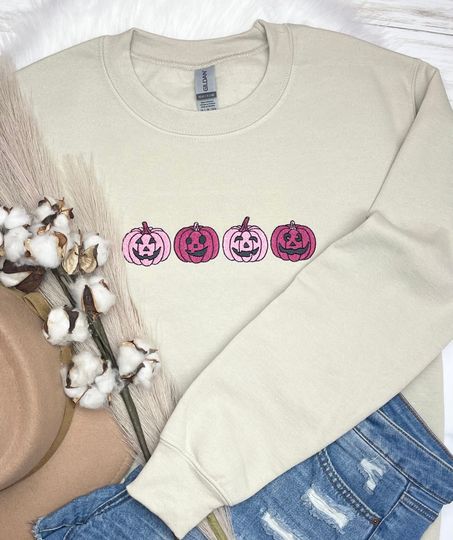 Halloween Sweatshirt Embroidered Pumpkins, Fall Sweatshirt, Pumpkin Face Sweatshirt