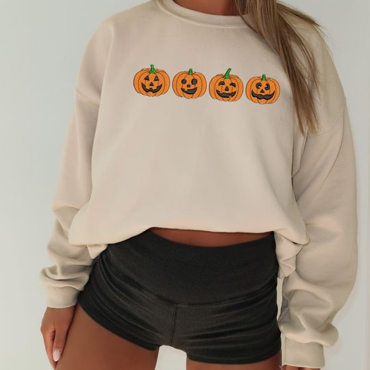 Halloween Sweatshirt Embroidered Pumpkins, Fall Sweatshirt, Pumpkin Face Sweatshirt