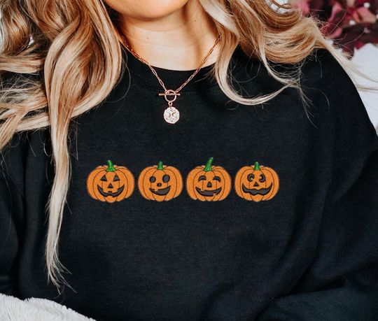 Halloween Sweatshirt Embroidered Pumpkins, Fall Sweatshirt, Pumpkin Face Sweatshirt