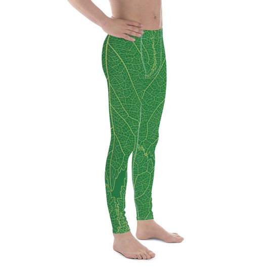Green Leaf Print Men's Leggings / green leggings