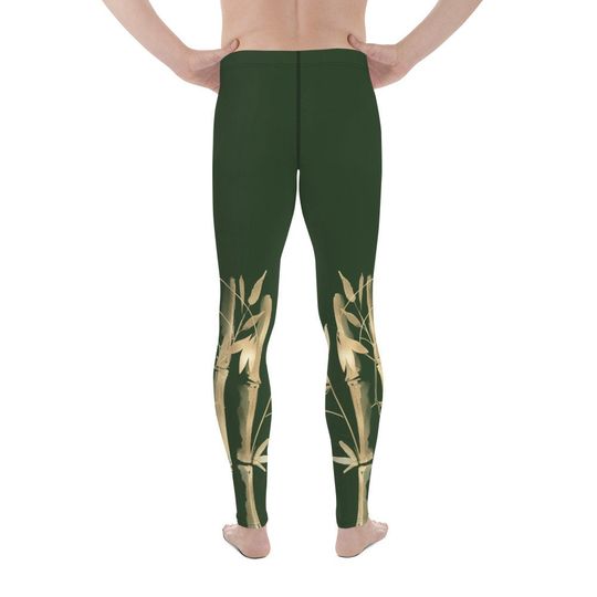 Men's Leggings  Gold Grane, Gold Bamboo Leaf, Myrtle Dark Green background