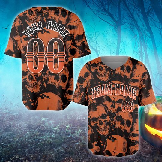 Personalized Skull Halloween Baseball Jersey, Custom Name Spooky Season Jersey