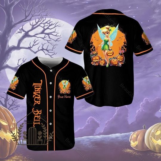 Halloween Custom Disney Princess Baseball Jersey, Tinker Bell Baseball Jersey